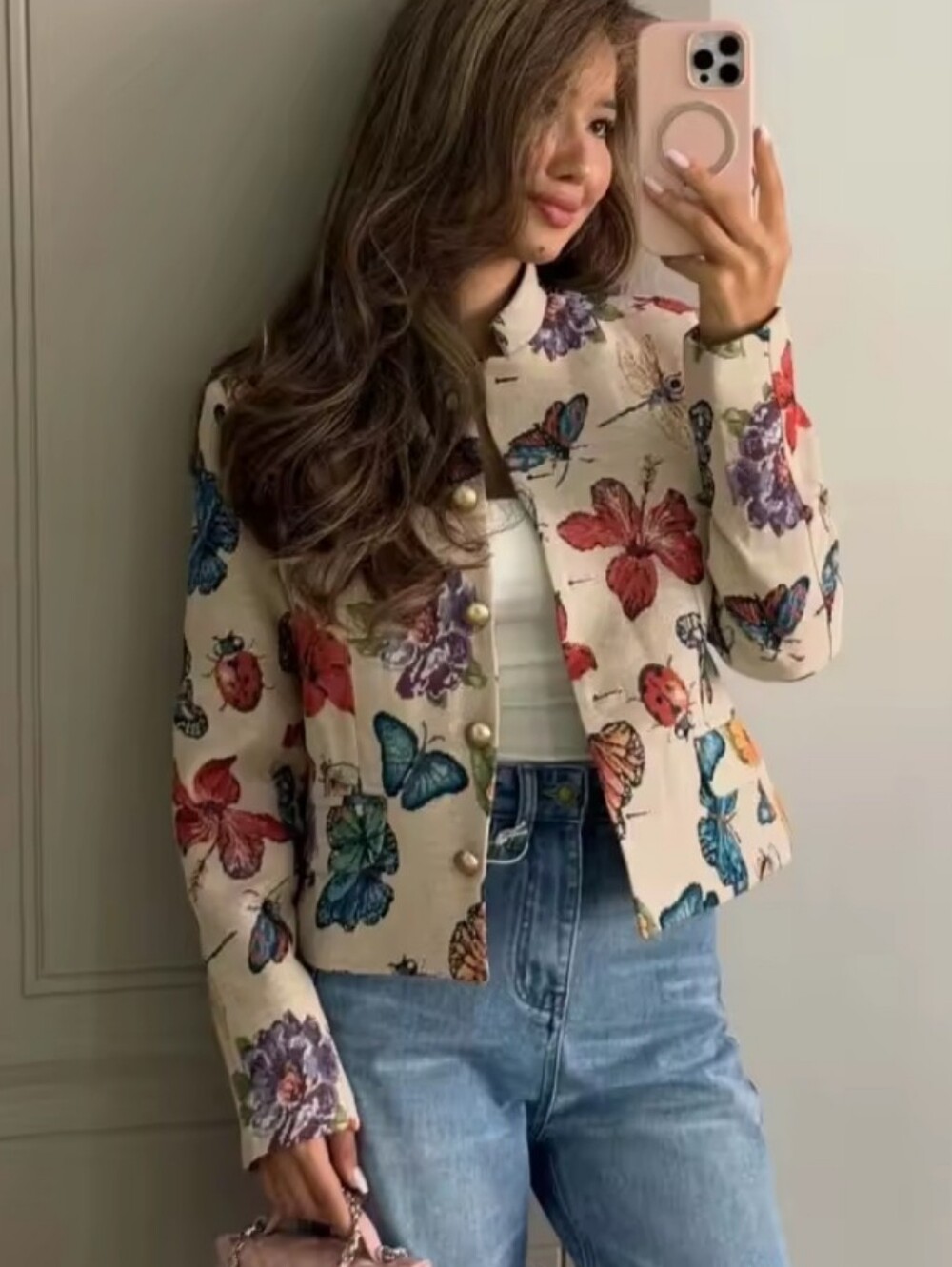 Butterfly Floral Print Cropped Jacket Women Stand Collar Gold Button Long Sleeve